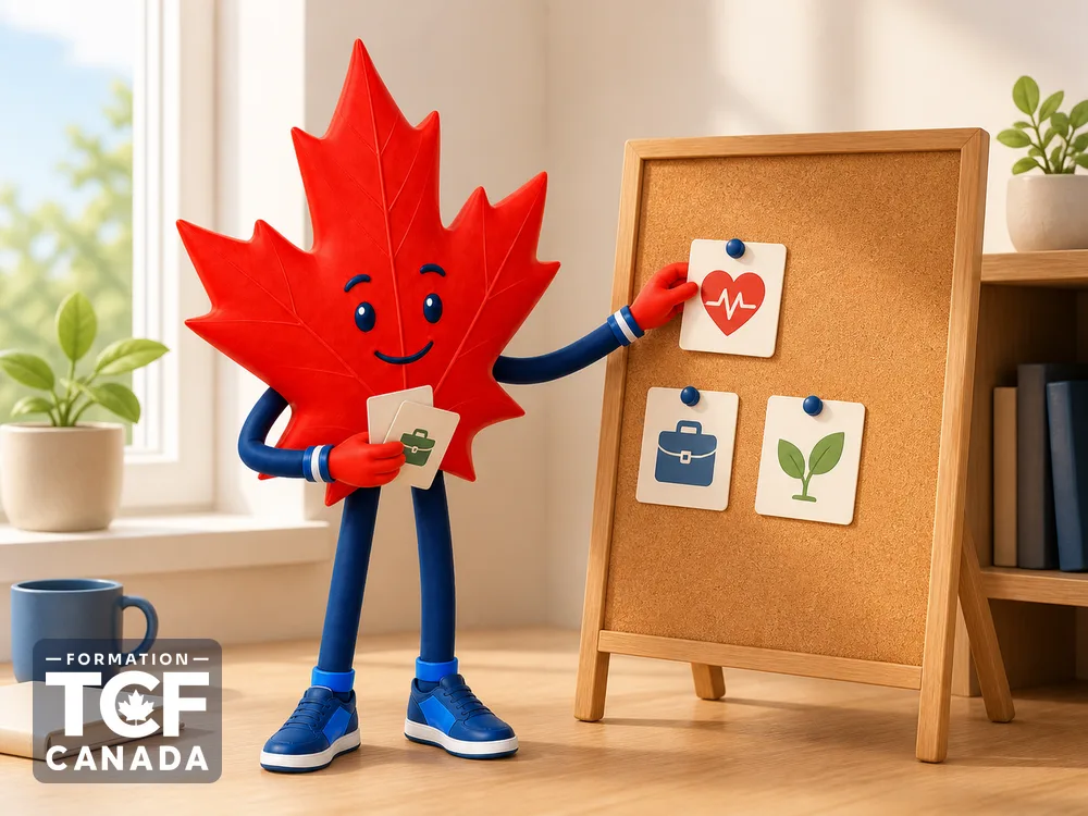 La mascotte épingle de petites cartes illustrées (santé, travail, nature) sur un tableau.